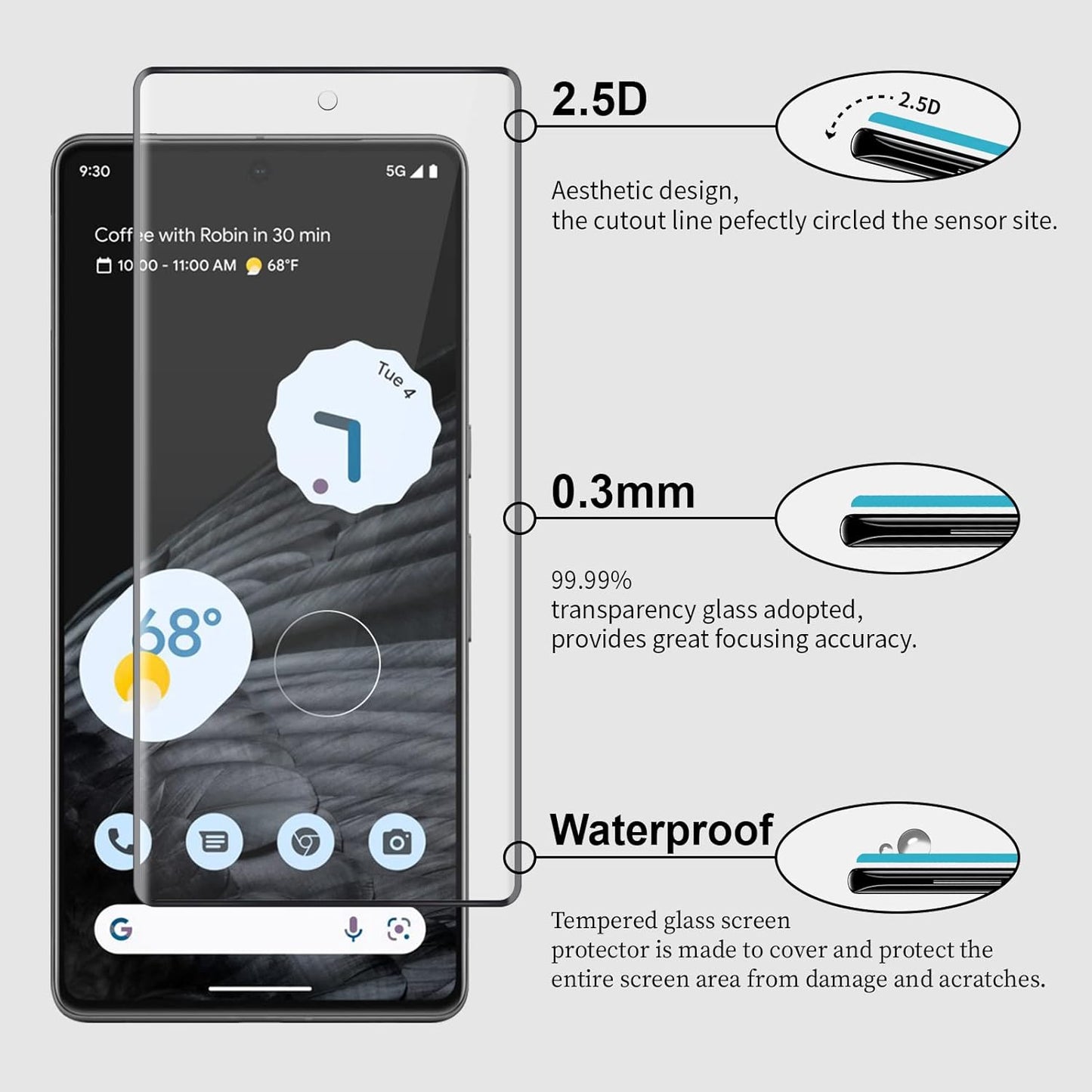 2x Schutzglas Vollabdeckung für Google Pixel 6, 7, 8, 9